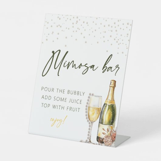 Perlen und Prosecco Mimosa Bar Brautparty Sockelschild (Vorderseite)