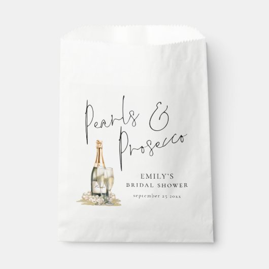 Perlen und Prosecco Moderne Script Bridal Dusche Geschenktütchen (Vorderseite)