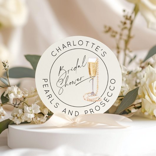 Perlen und Prosecco Modernes Skript-Brautparty Runder Aufkleber