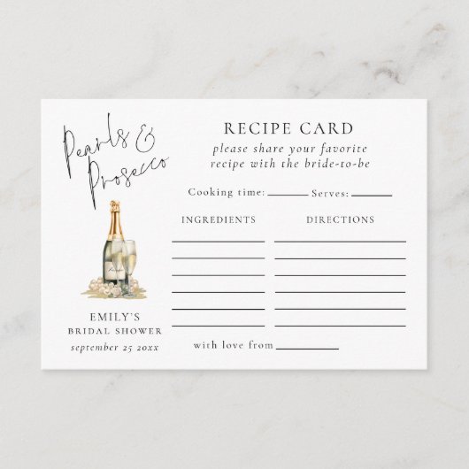 Perlen und Prosecco-Rezept-Brautparty Begleitkarte (Vorderseite)