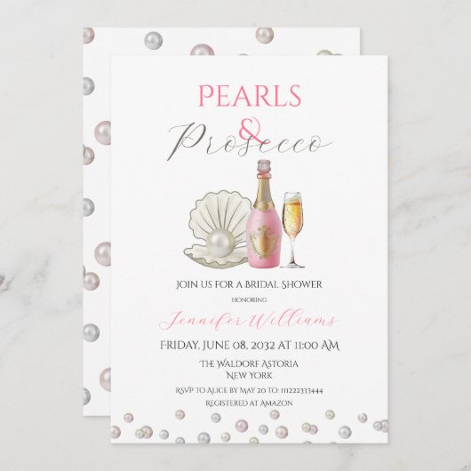 Perlen und Prosecco-rosa Brautparty Einladung (Vorne/Hinten)