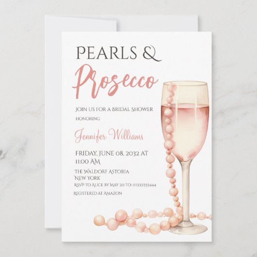 Perlen und Prosecco Rosa Brautparty Einladung (Vorderseite)