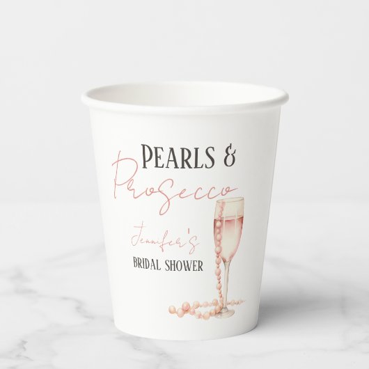 Perlen und Prosecco Rosa Brautparty Pappbecher (Rückseite)