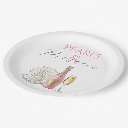 Perlen und Prosecco-rosa Brautparty Pappteller (Schrägansicht)