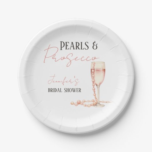 Perlen und Prosecco Rosa Brautparty Pappteller (Vorderseite)