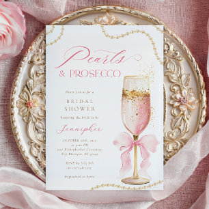 Perlen und Prosecco Rosa Schleife Brautparty-Einla Einladung