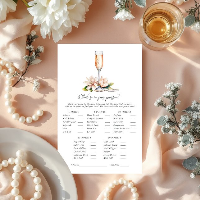 Perlen und Prosecco Was ist in Ihrer Tasche? Spiel (Pearls and Prosecco What’s in Your Purse? Bridal Shower Game)