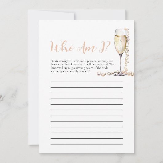 Perlen und Prosecco Wer bin ich Brautparty Game Einladung (Vorderseite)