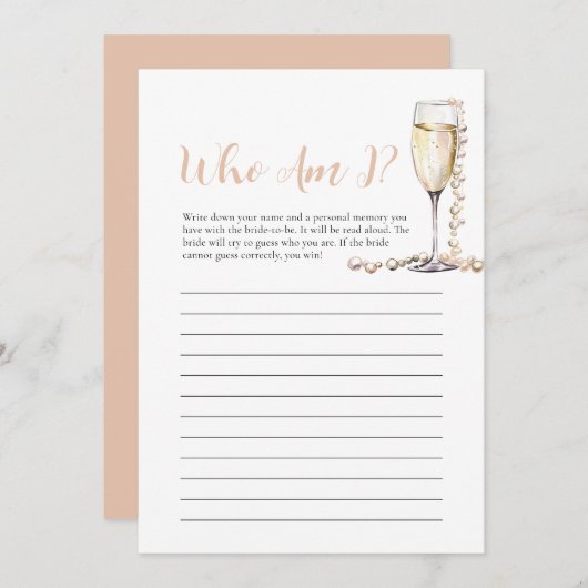 Perlen und Prosecco Wer bin ich Brautparty Game Einladung (Vorne/Hinten)
