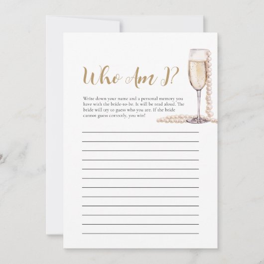 Perlen und Prosecco Wer bin ich Brautparty Game Einladung (Vorderseite)