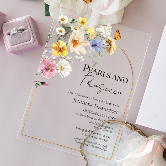 Perlen und Prosecco Wildblume Boho Brautparty Acryleinladungen