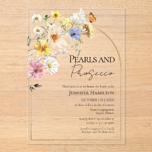 Perlen und Prosecco Wildblume Boho Brautparty Acryleinladungen (Vorderseite)