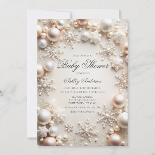 Perlen und Schneeflocken Kinderdusche Einladung (Vorderseite)