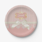 Perlen und Spitze-rosa Streifen-Creme-Bogen und Pappteller (Vorderseite)