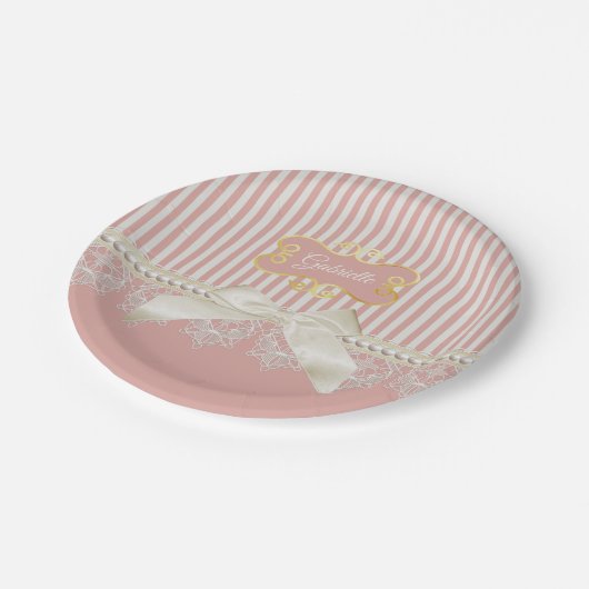 Perlen und Spitze-rosa Streifen-Creme-Bogen und Pappteller (Schrägansicht)