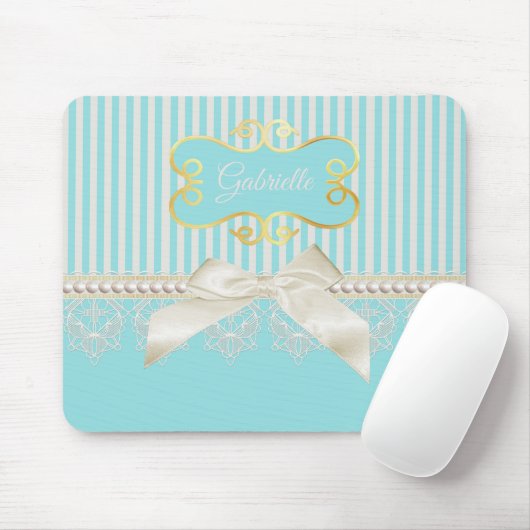 Perlen und Spitzen Aqua Streifen Creme Bow mit Nam Mousepad (Mit Mouse)