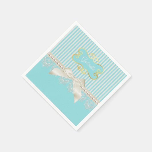 Perlen und Spitzen Aqua Streifen Creme Bow mit Nam Serviette (Ecke)