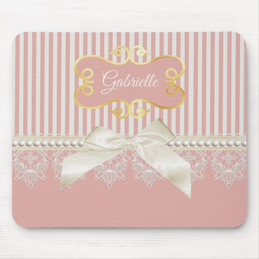 Perlen und Spitzen Pink Streifen Cream Bow und Nam Mousepad (Vorne)