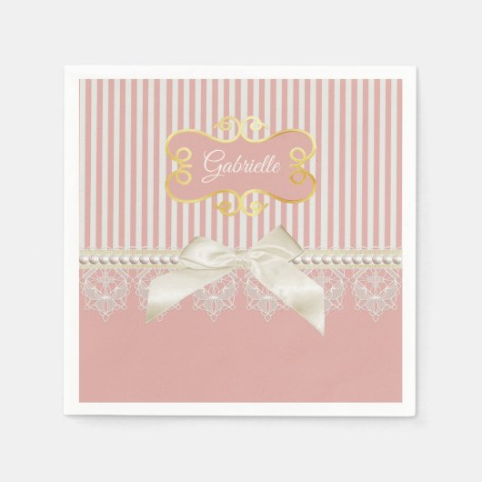 Perlen und Spitzen Pink Streifen Cream Bow und Nam Serviette (Vorderseite)