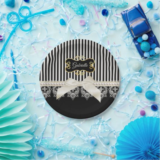 Perlen und Spitzen-schwarze Streifen Cream Bow Gol Pappteller (Party)