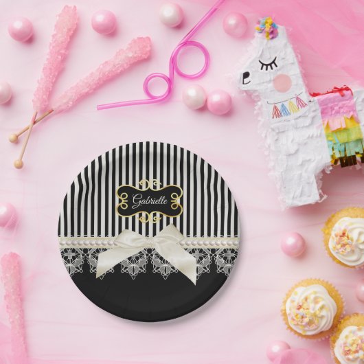 Perlen und Spitzen-schwarze Streifen Cream Bow Gol Pappteller (Party)