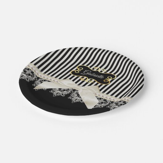 Perlen und Spitzen-schwarze Streifen Cream Bow Gol Pappteller (Schrägansicht)