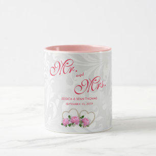 Perlenherzen und Rosen Damast Hochzeitstag Tasse