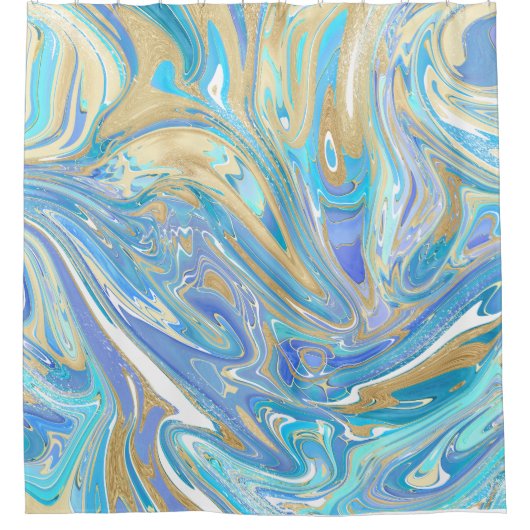 Perlescent Aqua & Gold flüssige Marmor Duschvorhang (Vorderseite)