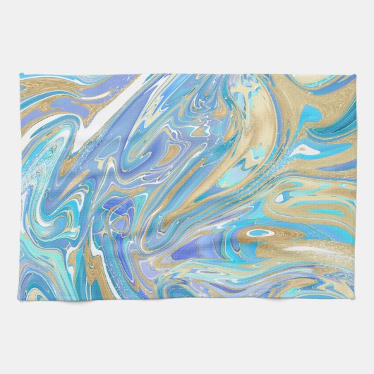 Perlescent Aqua & Gold flüssige Marmor Geschirrtuch (Horizontal)