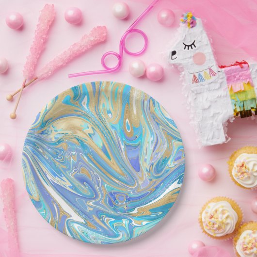 Perlescent Aqua & Gold flüssige Marmor Pappteller (Party)