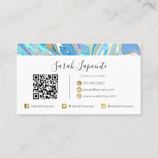 Perlescent Aqua & Gold Liquid Marble QR Code Visitenkarte (Rückseite)