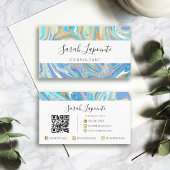 Perlescent Aqua & Gold Liquid Marble QR Code Visitenkarte