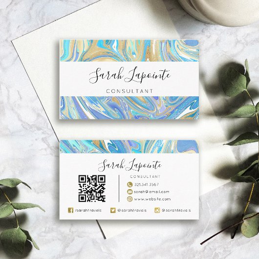 Perlescent Aqua & Gold Liquid Marble QR Code Visitenkarte