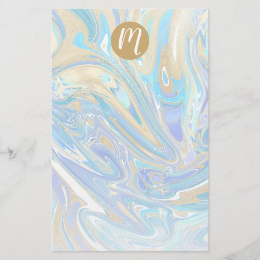 Perlescent Aqua & Gold Liquid Marmor & Monogram Briefpapier (Vorderseite)
