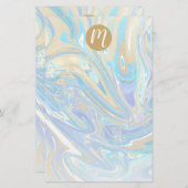 Perlescent Aqua & Gold Liquid Marmor & Monogram Briefpapier (Vorne/Hinten)