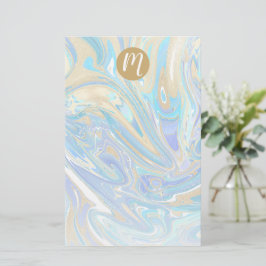 Perlescent Aqua & Gold Liquid Marmor & Monogram Briefpapier