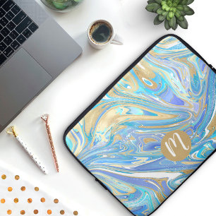 Perlescent Aqua & Gold Liquid Marmor & Monogram Laptopschutzhülle