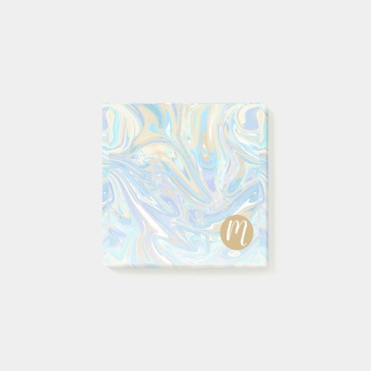 Perlescent Aqua & Gold Liquid Marmor & Monogram Post-it Klebezettel (Vorderseite)