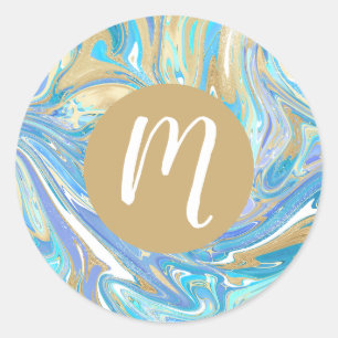 Perlescent Aqua & Gold Liquid Marmor & Monogram Runder Aufkleber