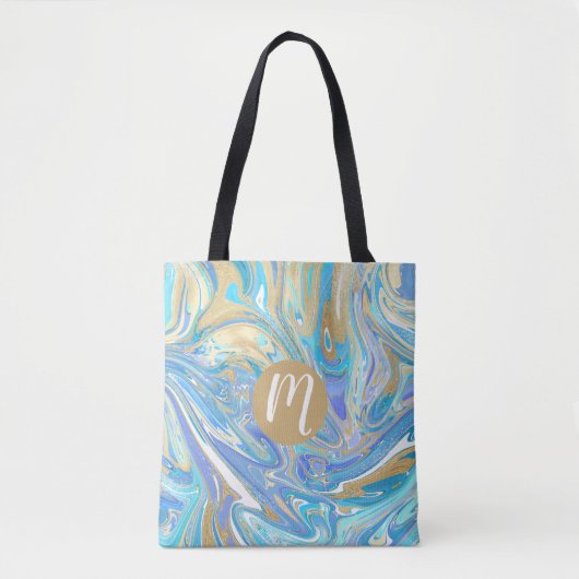 Perlescent Aqua & Gold Liquid Marmor Monogram Tasche (Vorderseite)