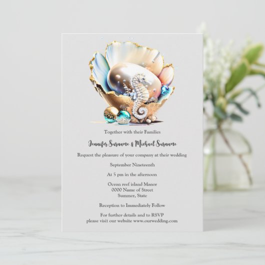 Perlglanz Muschel Seepferd Fantasy Bubbles Strand Einladung (Stehend Vorderseite)