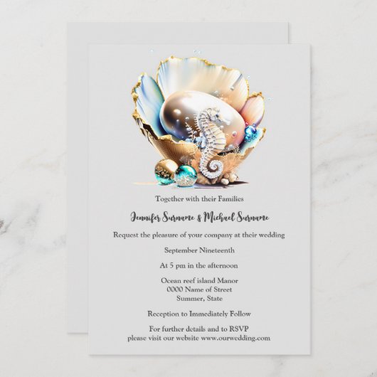 Perlglanz Muschel Seepferd Fantasy Bubbles Strand Einladung (Vorne/Hinten)