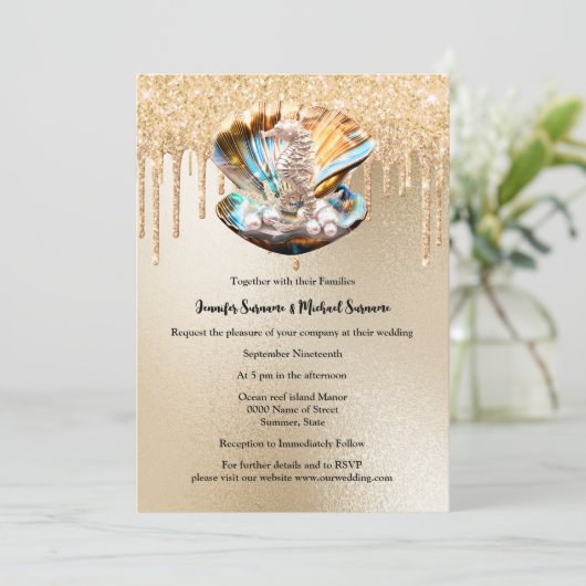 Perlgold-Glitzer aus Perlmuschel aus Seepferd Musc Einladung (Stehend Vorderseite)