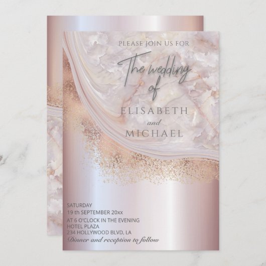 Perlgoldmarmor der Rose agate Kalligraphie Einladung (Vorne/Hinten)
