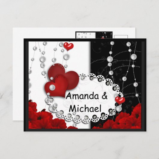 Perlschwarz mit Valentinstag und Perlen Einladungspostkarte (Vorne/Hinten)
