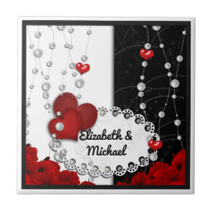 Perlschwarz mit Valentinstag und Perlen Fliese