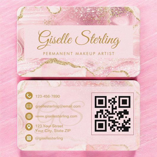 Permanent Makeup Artist Pink Gold Agate QR Code Visitenkarte