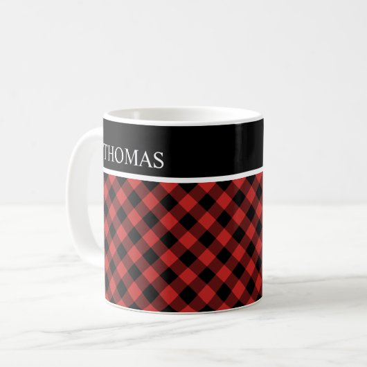 Peronalisierter Black Red Gingham Individuelle Nam Kaffeetasse (Vorderseite Links)