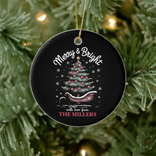 Peronalized Christmas Sleigh Tree Merry & Bright Keramik Ornament (Baum)