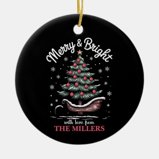 Peronalized Christmas Sleigh Tree Merry & Bright Keramik Ornament (Vorne)